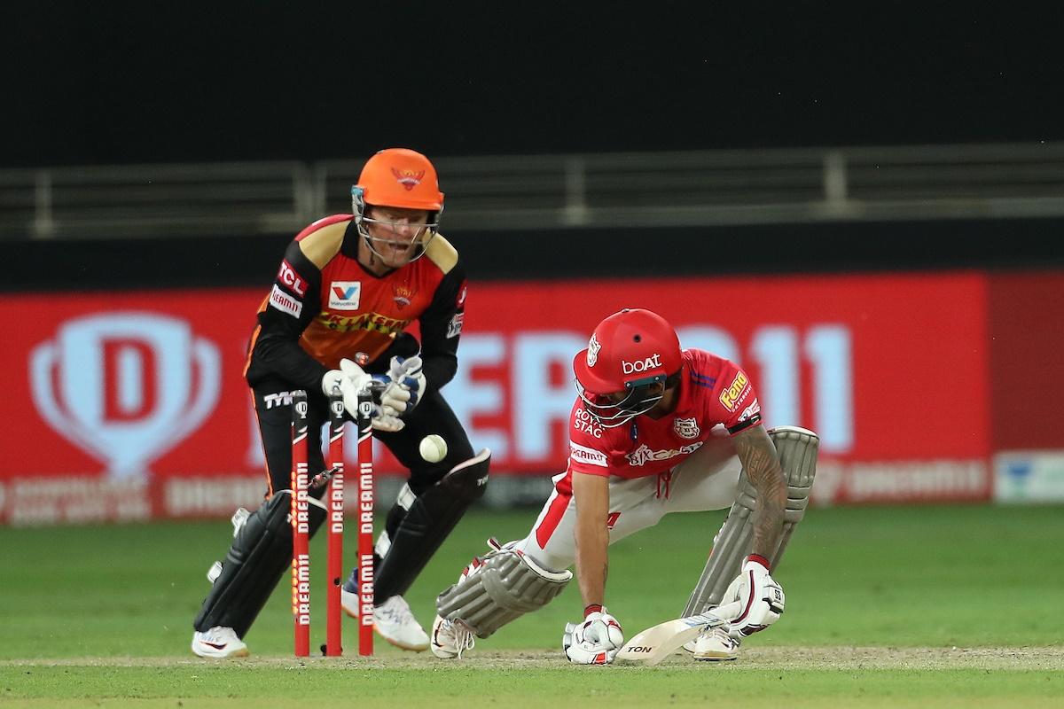 Kings XI batsman Deepak Hooda Punjab looks back as he is stumped by SunRisers Hyderabad's Jonny Bairstow 