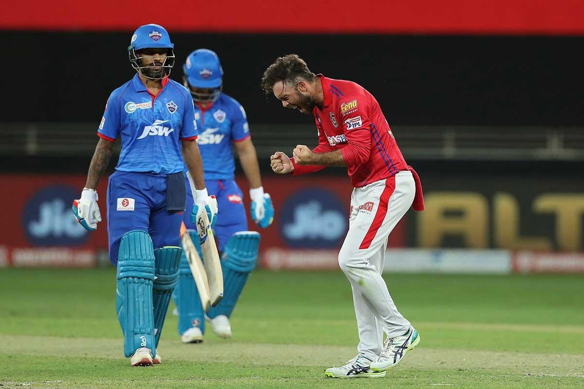 Glenn Maxwell of Kings XI Punjab celebrates the wicket of Shikhar Dhawan of Delhi Capitals