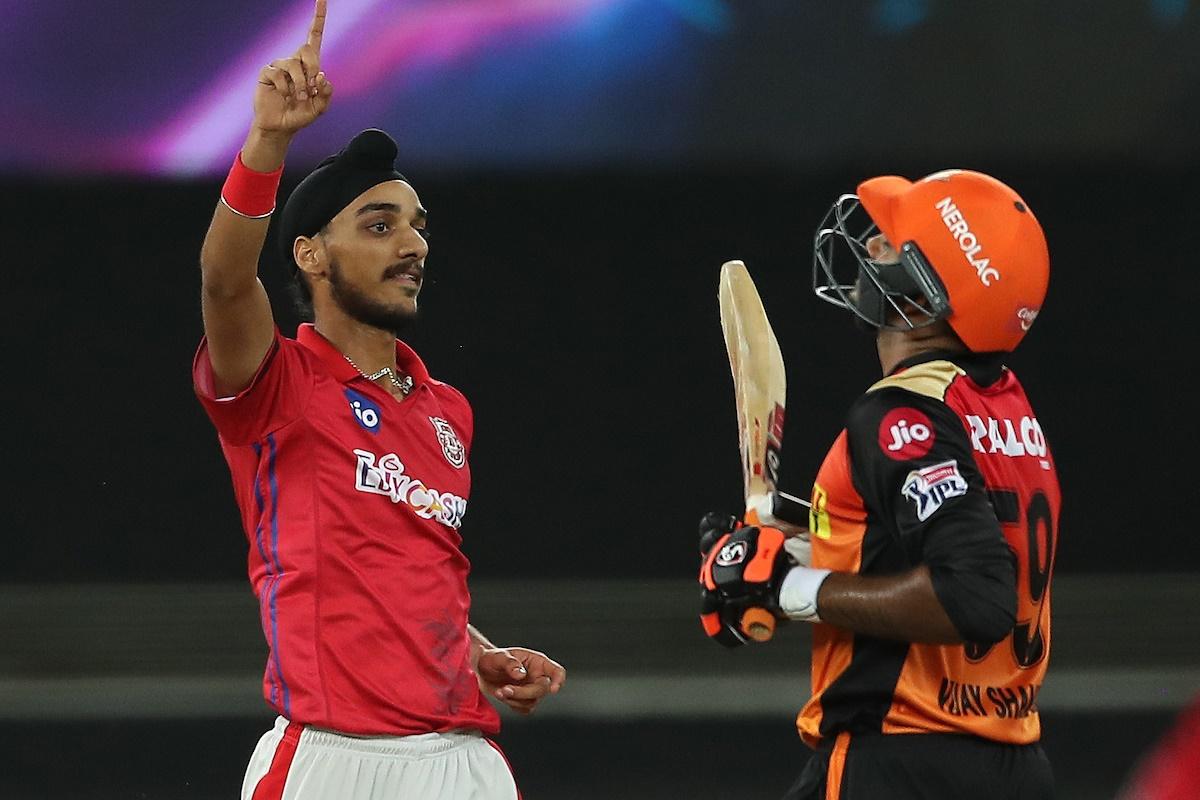 Kings XI pacer Arshdeep Singh celebrates after dismissing Vijay Shankar during the IPL match against SunRisers Hyderabad, in Dubai on Saturday.