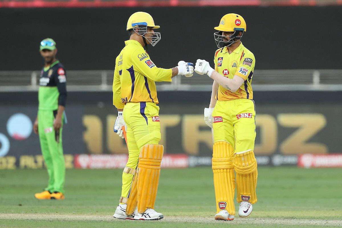 Chennai Super Kings skipper Mahendra Singh Dhoni and Ruturaj Gaikwad during their partnership against Royal Challengers Bangalore in the IPL match in Dubai on Sunday.