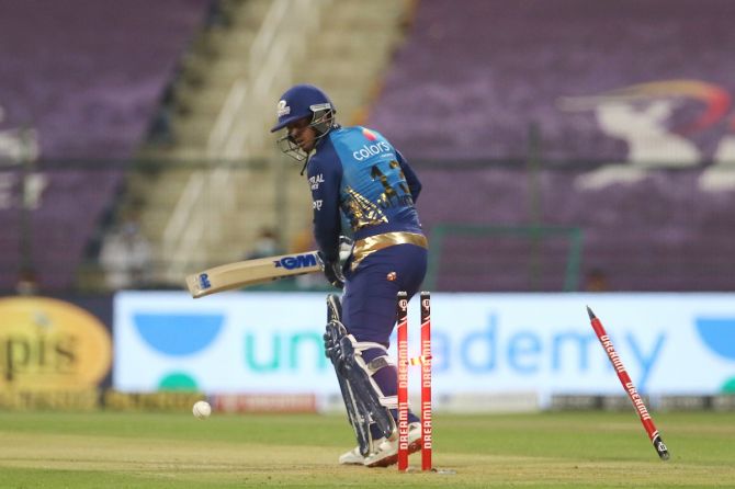 Mumbai Indians opener Quinton de Kock is bowled by Rajasthan Royals pacer Jofra Archer