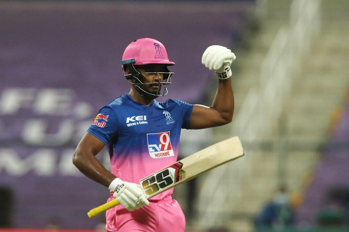 Sanju Samson celebrates after getting to 50.