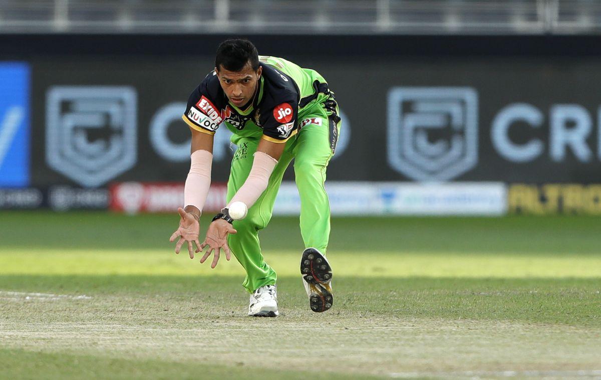 Navdeep Saini was hit on the right thumb while fielding off his own bowling in the 18th over. He immediately left the field and got his webbing stitched up by a surgeon.