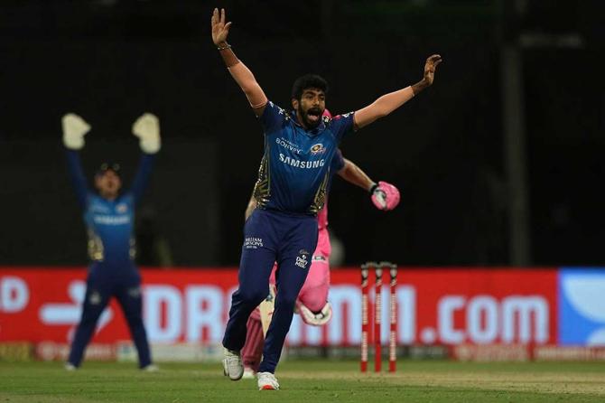 Jasprit Bumrah of Mumbai Indians appeals against the Rajasthan Royals at the Sheikh Zayed Stadium, Abu Dhabi