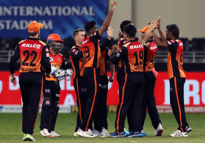 SunRisers Hyderabad players celebrate after Sandeep Sharma dismisses Shikhar Dhawan