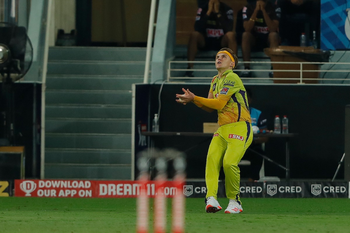 Sam Curran takes the catch to dismiss Nitish Rana