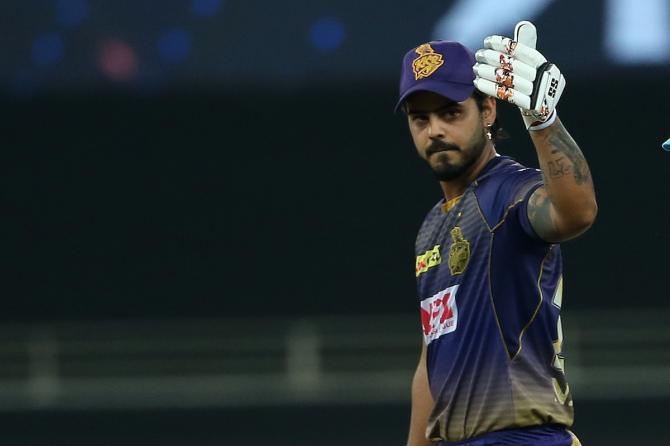 Kolkata Knight Riders Nitish Rana celebrates his fifty against Chennai Super Kings during the IPL match in Dubai on Thursday.