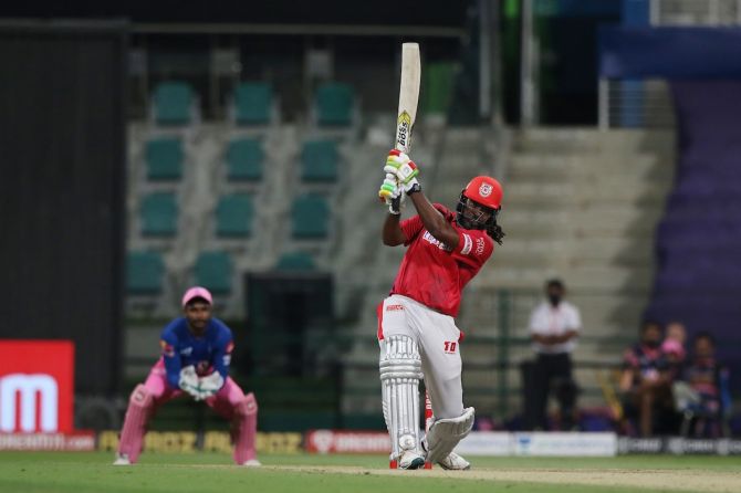 Kings XI Punjab batsman Chris Gayle hit eight sixes and six fours in his 99 off 63 balls during the IPL match against Rajasthan Royals in Abu Dhabi on Friday