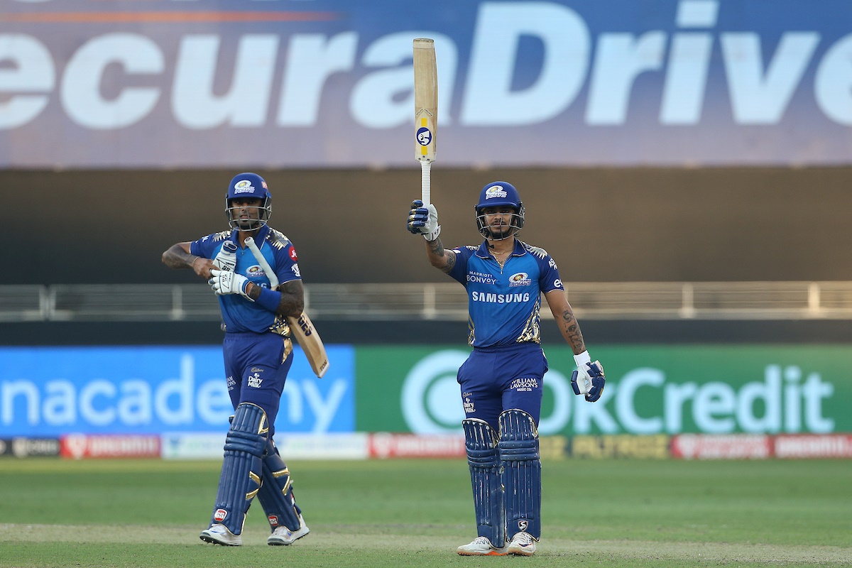 Mumbai Indians batsmen Ishan Kishan and Suryakumar Yadav celebrate victory over Delhi Capitals in the IPL match in Dubai on Saturday