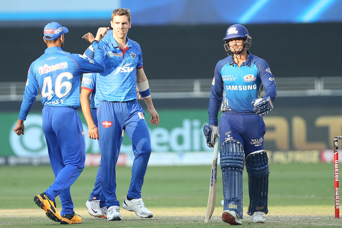 Anrich Nortje celebrates after dismissing Quinton de Kock