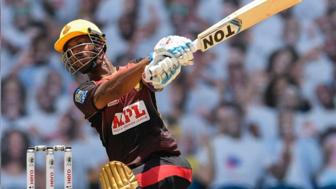 Lendl Simmons bats en route his half-century in the first semi-final of the CPL on Tuesday
