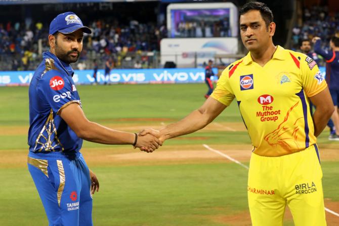 Chennai Super Kings Captain Mahendra Singh Dhoni and Mumbai Indians Captain Rohit Sharma at the toss before the IPL 2019 final. Photograph: BCCI