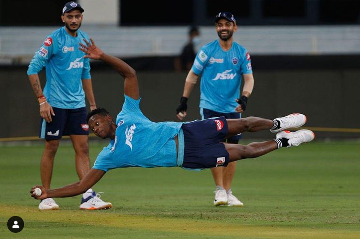 Delhi Capitals' Kagiso Rabada, Axar Patel and Ajinkya Rahane during fielding drills at a training session