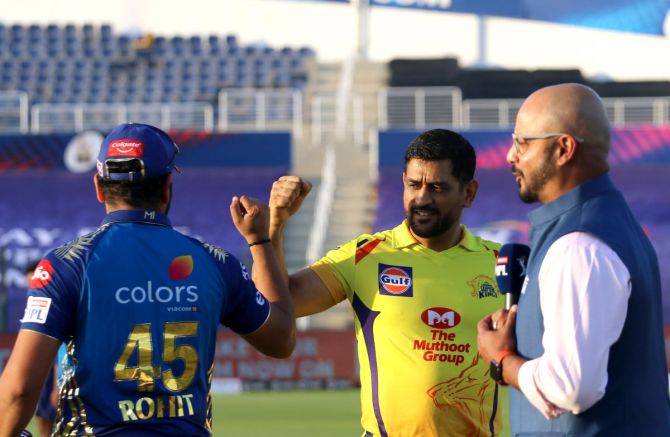 CSK captain Mahendra Singh Dhoni and Mumbai Indians captain Rohit Sharma at the toss prior to the opening IPL 2020 match on Saturday, September 19 