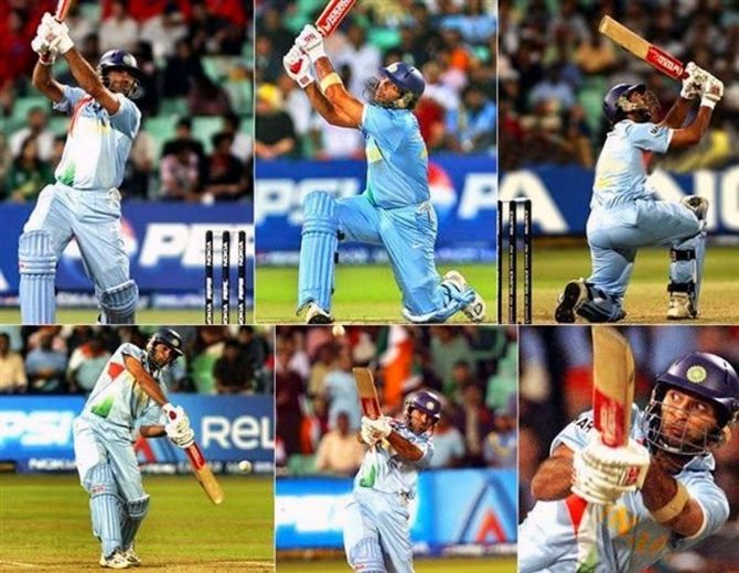 Yuvraj Singh hit England pace bowler Stuart Broad for six sixes in an over, in the 2007 World Twenty20 match against England in Durban