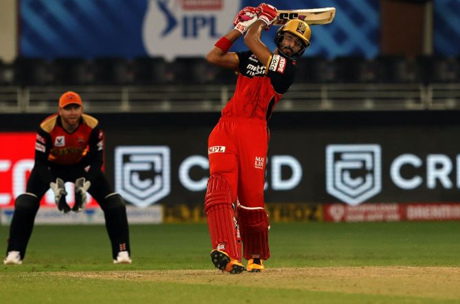 Royal Challengers Bangalore opener Devdutt Padikkal hits a six on way to a superb 56 on debut against SunRisers Hyderabad