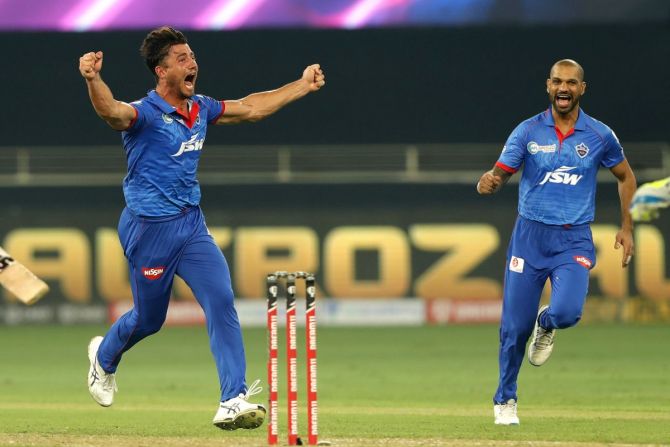 Delhi Capitals' Marcus Stoinis celebrates a wicket
