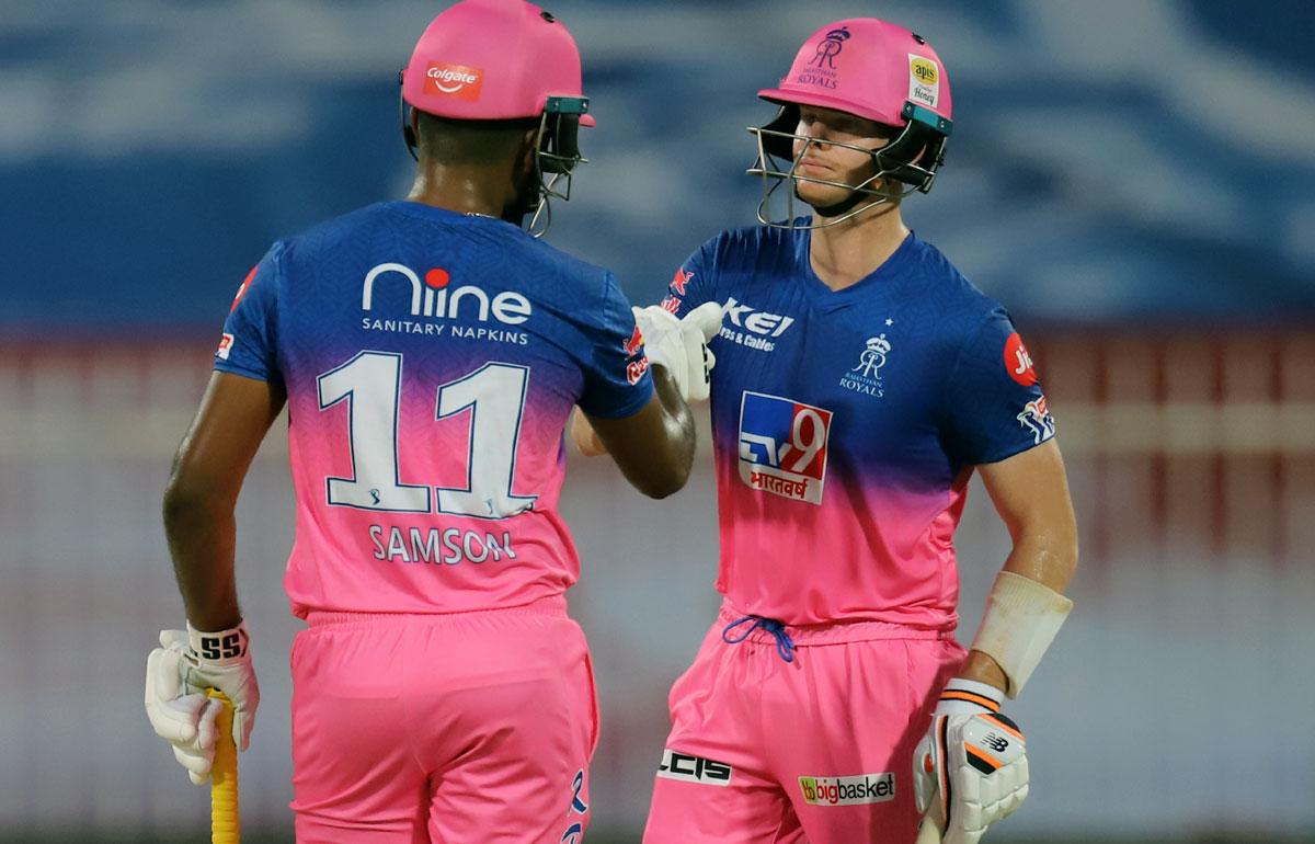 Steve Smith and Sanju Samson celebrate a six