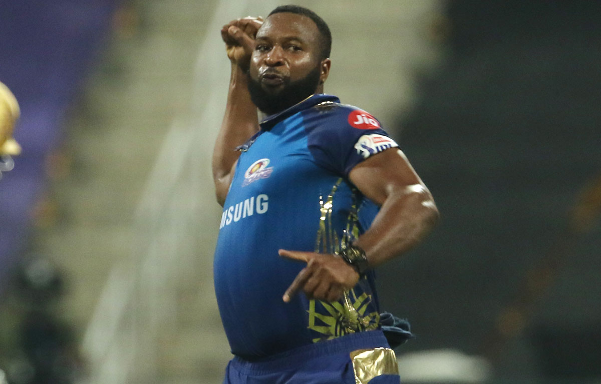 Kieron Pollard celebrates the dismissal of Nitish Rana