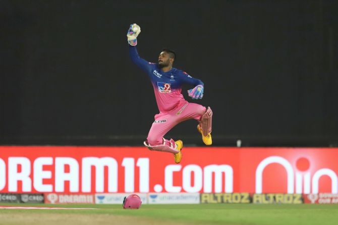 Rajasthan Royals wicketkeeper-batsman Sanju Samson pulls off a splendid catch to dismiss Kedar Jadhav of Chennai Super Kings