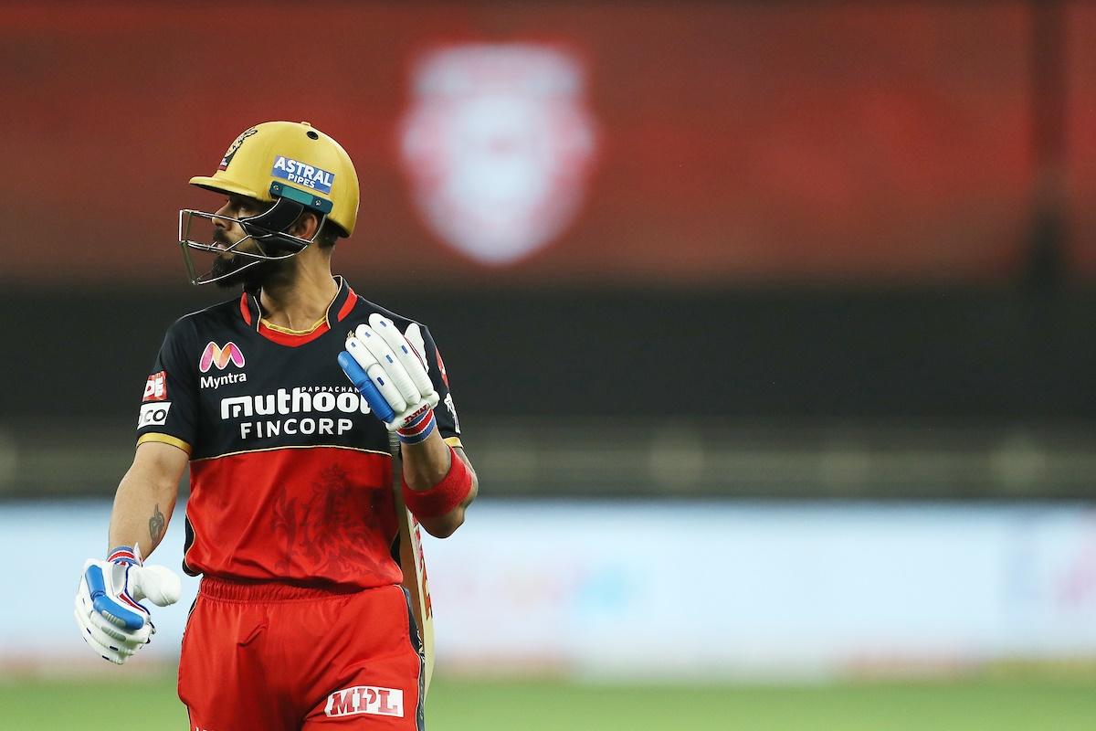 Royal Challengers Bangalore captain Virat Kohli reacts after being dismissed during the IPL match against Kings XI Punjab, at the Dubai International Cricket Stadium