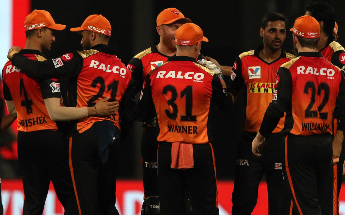 SunRisers Hyderabad players celebrate after Bhuvneshwar Kumar dismisses Prithvi Shaw