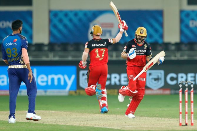 Royal Challengers Bangalore skipper Virat Kohli celebrates after hitting the final delivery of the Super Over for four in Monday’s IPL match against Mumbai Indians, in Dubai