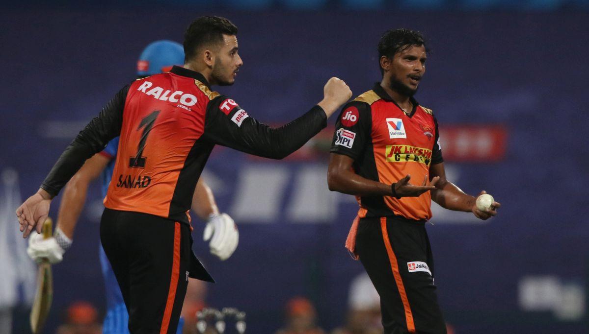 Sunrisers Hyderabad's T Natarajan celebrates the wicket of Delhi Capitals' Shimron Hetmyer.