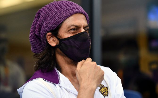 Kolkata Knight riders co-owner Shahrukh Khan watches his team take on Rajasthan Royals, in the IPL match, in Dubai on Wednesday.