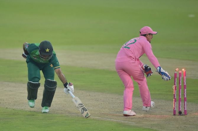 Fakhar Zaman is run-out during the 2nd ODI against South Africa in Johannesburg on Sunday