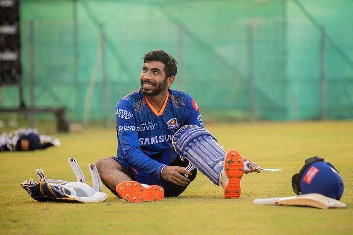 Jasprit Bumrah straps up at a Mumbai Indians training session