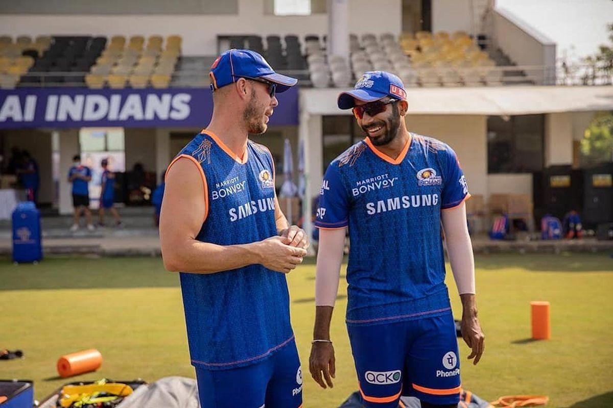 Chris Lynn and Jasprit Bumrah at a MI training session.