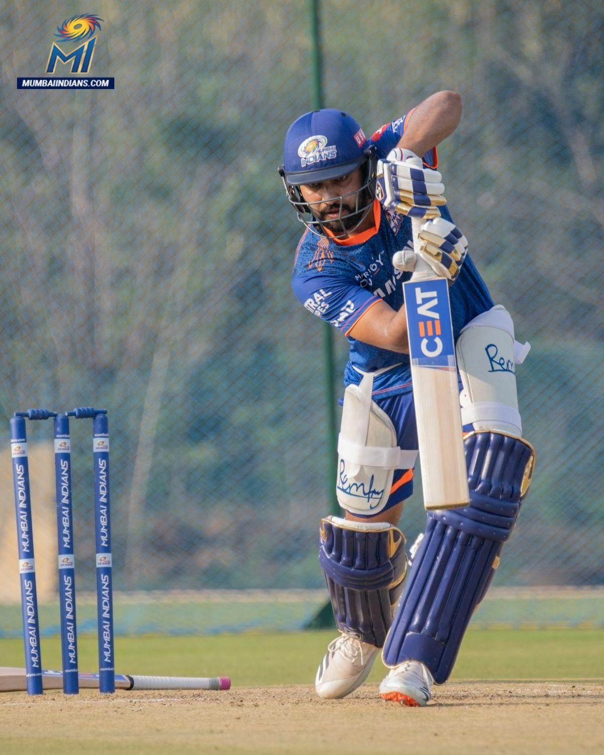 Mumbai Indians' captain Rohit Sharma at a team training session