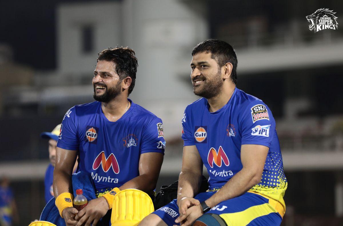 Chennai Super Kings veterans Suresh Raina and Mahendra Singh Dhoni at a team training session