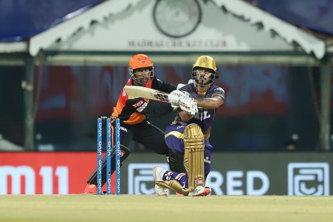 Nitish Rana sends the ball to the boundary