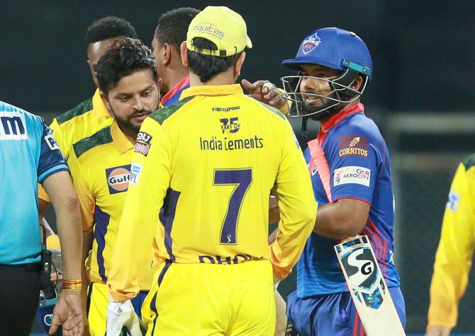 Rishabh Pant speaks to Mahendra Singh Dhoni after winning the IPL match in Mumbai