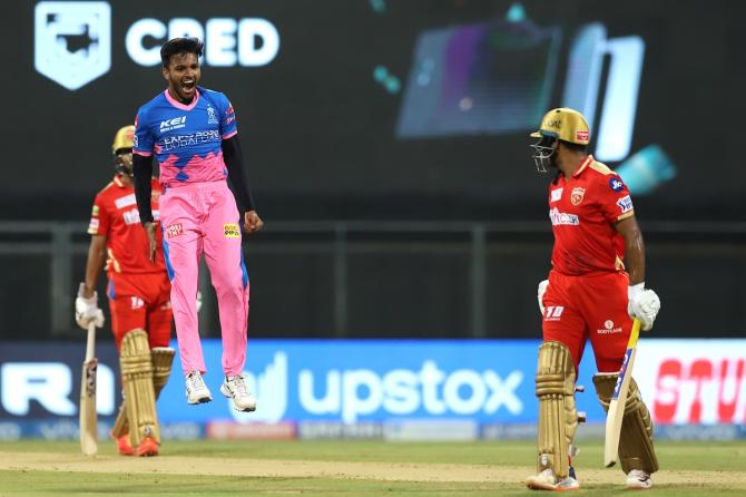 Rajasthan Royals pacer Chetan Sakariya exults after dismissing Mayank Agarwal for his first wicket in the IPL.