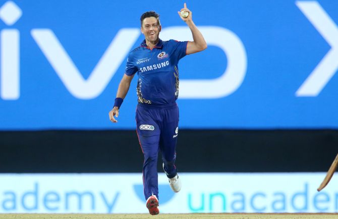 Trent Boult celebrates the wicket of Andre Russell