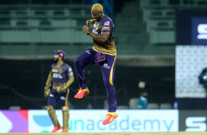 Andre Russell celebrates the wicket of Krunal Pandya