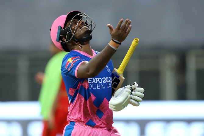 Sanju Samson reacts after being dismissed off the final delivery of the match