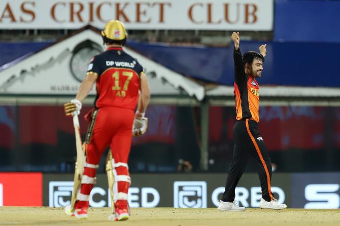 Rashid Khan exults after dismissing AB de Villiers