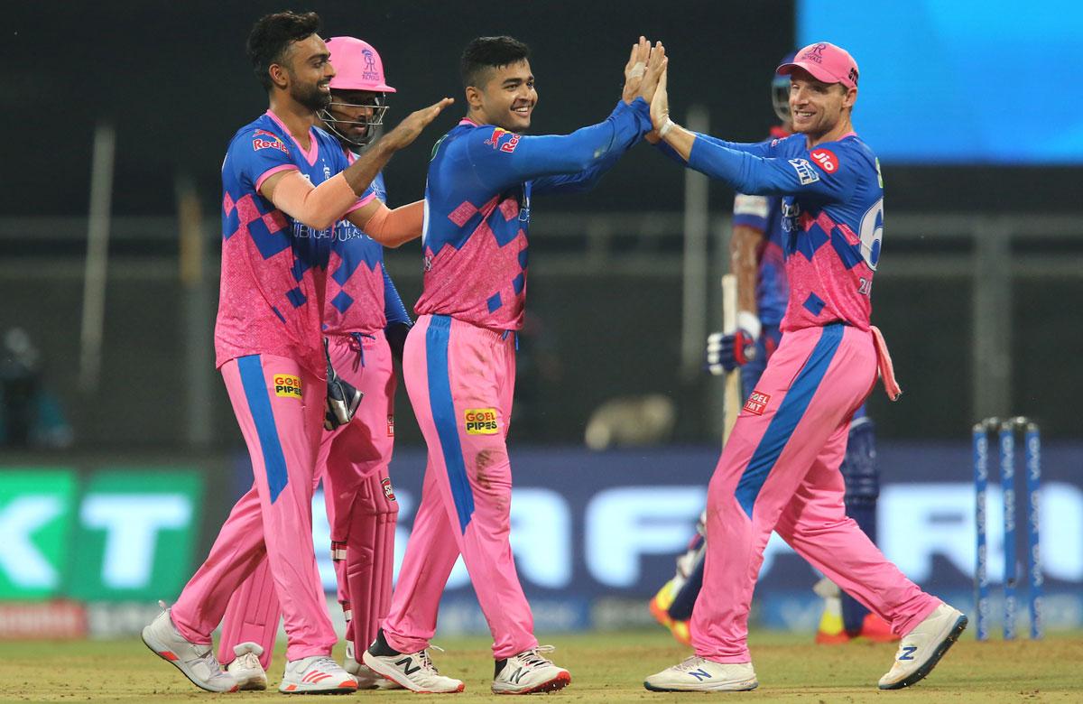 Riyan Parag celebrates the wicket of Rishabh Pant