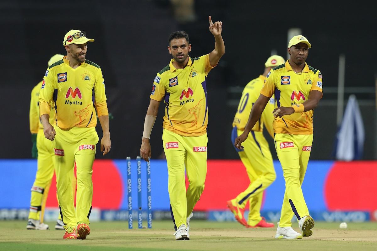 Chennai Super Kings pacer Deepak Chahar celebrates the wicket of Mayank Agarwal