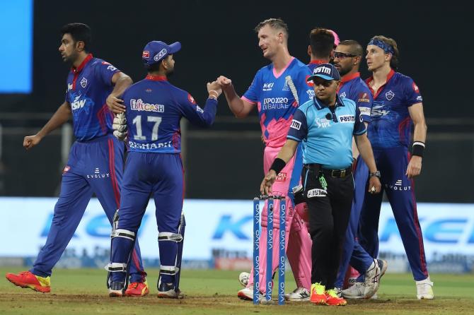 Chris Morris is congratulated by Delhi Capitals skipper Rishabh Pant after hitting the winning runs for Rajasthan Royals