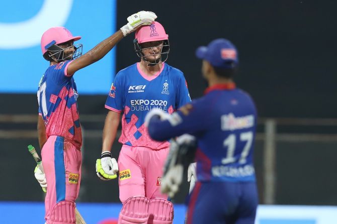 Jaydev Unadkat congratulates his Rajasthan Royals teammate Chris Morris on his match-winning knock in the IPL match against Delhi Capitals, in Mumbai, on Thursday