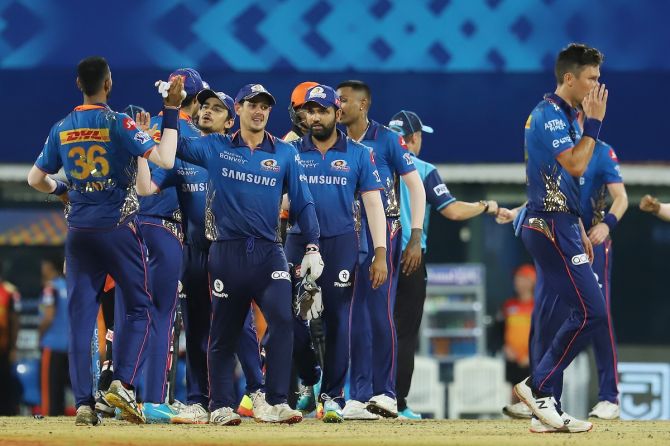 Mumbai Indians players celebrate after clinching victory over SunRisers Hyderabad in Saturday's IPL match in Chennai.