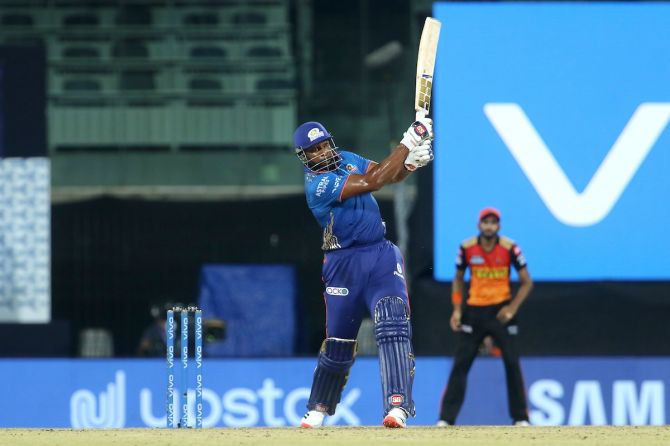 Mumbai Indians batsman Kieron Pollard hits a six during the IPL match against SunRisers Hyderabad, in Chennai, on Saturday.