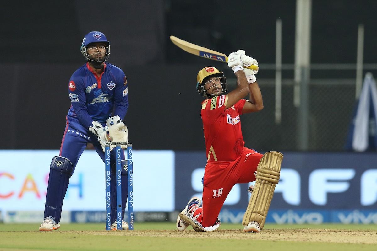 Punjab Kings opener Mayank Agarwal hits a six.