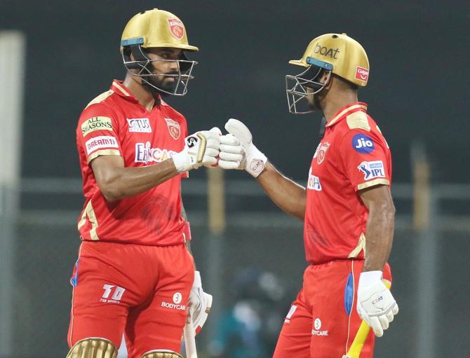 K L Rahul and Mayank Rahul celebrate a six during their partnership