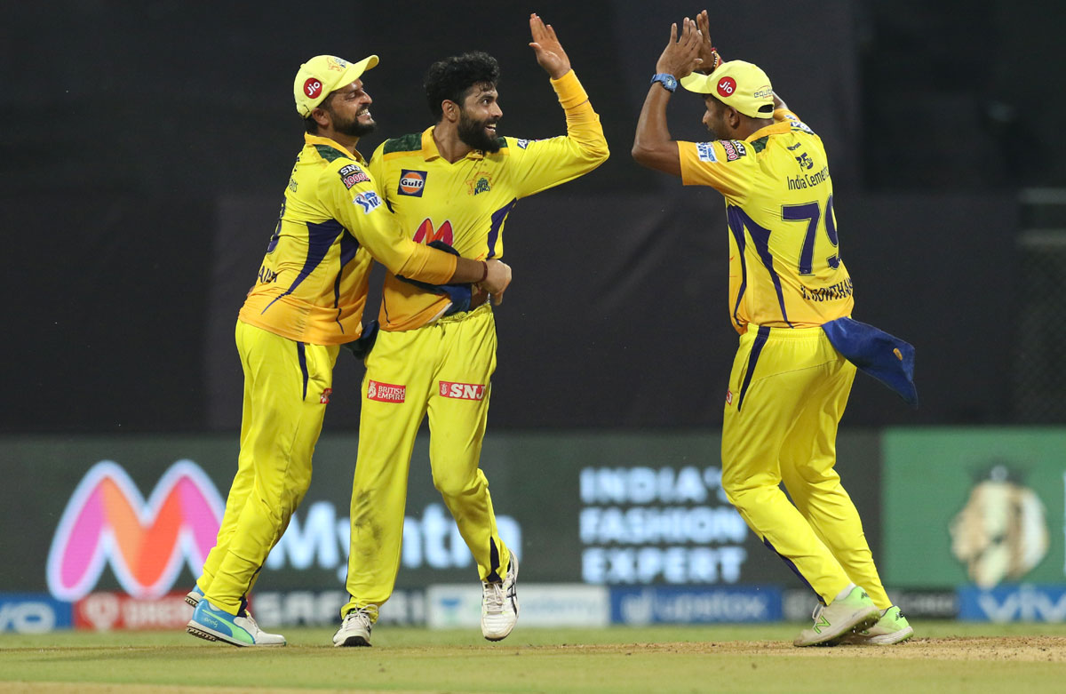  Chennai Super Kings players celebrates the wicket of Shivam Dube